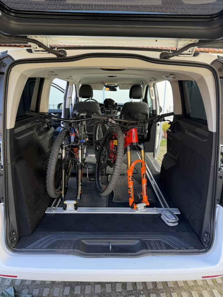 Bike transport in Mercedes V-class, rails and bike fork mounts inside trunk